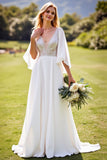 Marfim De Baile/Princesa Decote em V Longos Vestido de Noiva