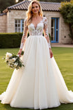 Marfim Decote em V Renda Sweep/Brush Trem Vestidos de Noiva