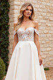 Vestidos de Noiva Marfim Linha-A Fora do Ombro Longo Renda