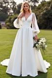 Marfim Decote em V De Baile/Princesa Longos Vestidos de Noiva