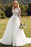 Vestido de Noiva Mangas Compridas Marfim Linha-A Renda Appliqued