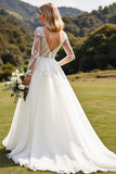 Vestido de Noiva Mangas Compridas Marfim Linha-A Renda Appliqued