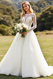Vestido de Noiva Mangas Compridas Marfim Linha-A Renda Appliqued