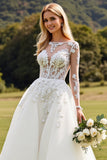 Vestido de Noiva Mangas Compridas Marfim Linha-A Renda Appliqued