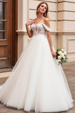 Vestido de Noiva Linha-A Longo Tule Fora do Ombro Renda Apliques Marfim