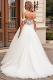 Vestido de Noiva Linha-A Longo Tule Fora do Ombro Renda Apliques Marfim