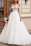 Vestido de Noiva Linha-A Longo Tule Fora do Ombro Renda Apliques Marfim