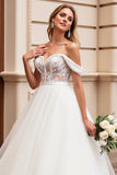 Vestido de Noiva Linha-A Longo Tule Fora do Ombro Renda Apliques Marfim