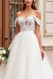 Vestido de Noiva Linha-A Longo Tule Fora do Ombro Renda Apliques Marfim
