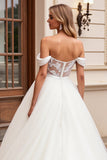 Vestido de Noiva Linha-A Longo Tule Fora do Ombro Renda Apliques Marfim