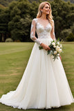 Vestidos de Noiva Linha-A Apliques Marfim Longo Renda Decote em V