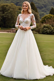 Vestidos de Noiva Linha-A Apliques Marfim Longo Renda Decote em V