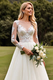 Vestidos de Noiva Linha-A Apliques Marfim Longo Renda Decote em V