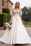 Vestidos de Noiva Marfim Linha-A Longo Apliques Cetim