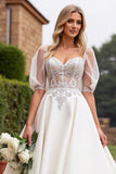 Vestidos de Noiva Marfim Linha-A Longo Apliques Cetim