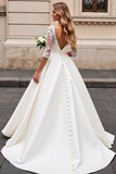 Vestido de Noiva de Renda Marfim Linha-A Decote em V Longo