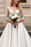 Vestido de Noiva de Renda Marfim Linha-A Decote em V Longo