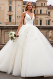Marfim Decote em V De Baile/Princesa Longos Tule Vestido de Noiva