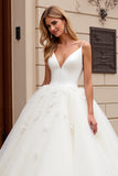 Marfim Decote em V De Baile/Princesa Longos Tule Vestido de Noiva