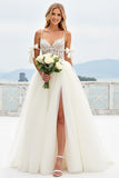 Branco De Baile/Princesa Tule Longo Vestidos de Noiva com Fenda