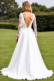 Branco Decote em V Cetim Linha-A Sweep/Brush Trem Vestido de Noiva com Renda