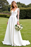 Branco Decote em V Cetim Linha-A Sweep/Brush Trem Vestido de Noiva com Renda