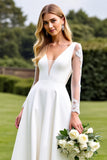 Branco Decote em V Cetim Linha-A Sweep/Brush Trem Vestido de Noiva com Renda
