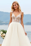 Marfim Decote em V De Baile/Princesa Tule Longo Vestido de Noiva