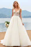 Marfim Decote em V De Baile/Princesa Tule Longo Vestido de Noiva