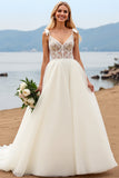 Marfim Decote em V De Baile/Princesa Tule Longo Vestido de Noiva