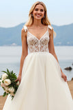 Marfim Decote em V De Baile/Princesa Tule Longo Vestido de Noiva