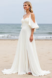 Branco Linha-A Ombro Frio Longos Vestidos de Noiva com Fenda