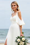 Branco Linha-A Ombro Frio Longos Vestidos de Noiva com Fenda