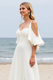 Branco Linha-A Ombro Frio Longos Vestidos de Noiva com Fenda