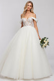 Branco Fora do Ombro De Baile/Princesa Tule Longo Vestido de Noiva com Apliques