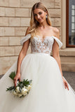 Branco Fora do Ombro De Baile/Princesa Tule Longo Vestido de Noiva com Apliques