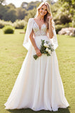 Marfim Renda Decote em V Linha-A Chiffon Longos Vestidos de Noiva