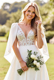 Marfim Renda Decote em V Linha-A Chiffon Longos Vestidos de Noiva