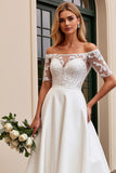 Vestidos de Noiva Marfim Linha-A Fora do Ombro Renda Longo