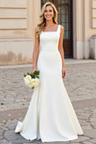 Vestido Sereia Branco Pescoço Quadrado Cetim Sweep/Brush Trem Vestido de Noiva