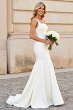 Vestido Sereia Branco Pescoço Quadrado Cetim Sweep/Brush Trem Vestido de Noiva