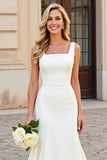 Vestido Sereia Branco Pescoço Quadrado Cetim Sweep/Brush Trem Vestido de Noiva