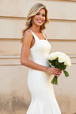 Vestido Sereia Branco Pescoço Quadrado Cetim Sweep/Brush Trem Vestido de Noiva