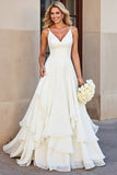Branco Decote em V Linha-A Babado Chiffon Longo Vestido de Noiva