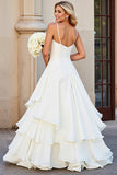 Branco Decote em V Linha-A Babado Chiffon Longo Vestido de Noiva