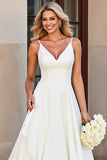 Branco Decote em V Linha-A Babado Chiffon Longo Vestido de Noiva