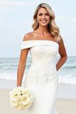 Sereia Branco Um Ombro Cetim Sweep/Brush Trem Vestido de Noiva com Apliques