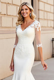 Sereia Marfim Decote em V Sweep/Brush Trem Vestido de Noiva com Apliques