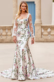 Floral Marfim Sereia Pescoço Quadrado Sweep/Brush Trem Vestido de Noiva com Renda