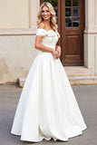 Marfim Linha-A Fora do Ombro Cetim Sweep/Brush Trem Vestidos de Noiva com Laços